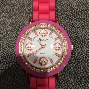 Pink Silicone Jelly Sport Quartz Watch with Rose Gold Face and Rhinestones
